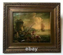 Antique Framed Painting, Animated Fishing Port, Oil On Canvas, 19th Or Before