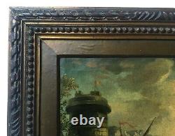 Antique Framed Painting, Animated Fishing Port, Oil On Canvas, 19th Or Before