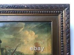 Antique Framed Painting, Animated Fishing Port, Oil On Canvas, 19th Or Before