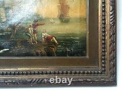 Antique Framed Painting, Animated Fishing Port, Oil On Canvas, 19th Or Before