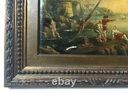 Antique Framed Painting, Animated Fishing Port, Oil On Canvas, 19th Or Before