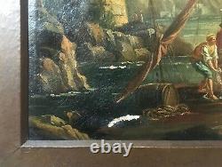 Antique Framed Painting, Animated Fishing Port, Oil On Canvas, 19th Or Before