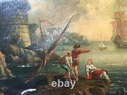 Antique Framed Painting, Animated Fishing Port, Oil On Canvas, 19th Or Before