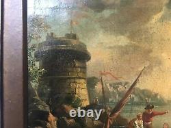 Antique Framed Painting, Animated Fishing Port, Oil On Canvas, 19th Or Before
