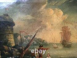 Antique Framed Painting, Animated Fishing Port, Oil On Canvas, 19th Or Before