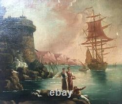 Antique Framed Painting, Animated Marine, Oil On Canvas, 19th Or Before