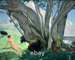 Antique Landscape Scene Pan And Nymph Signed By André Pierre Lupiac (1873-1956)