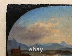 Antique Monogrammed Painting, Animated Landscape Seaside, Oil On 19th Carton