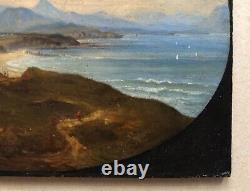 Antique Monogrammed Painting, Animated Landscape Seaside, Oil On 19th Carton