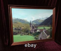 Antique Oil Painting, Barbizon School, DLG, 19th Century, Mountain, Church, Pyrenees