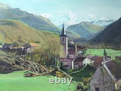 Antique Oil Painting, Barbizon School, DLG, 19th Century, Mountain, Church, Pyrenees