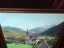 Antique Oil Painting, Barbizon School, DLG, 19th Century, Mountain, Church, Pyrenees