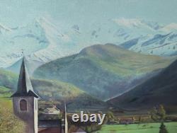 Antique Oil Painting, Barbizon School, DLG, 19th Century, Mountain, Church, Pyrenees
