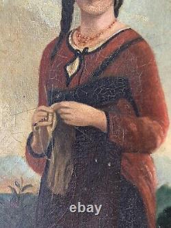 Antique Oil Painting On Canvas Portrait De Paysanne 19 Eme Century Realism