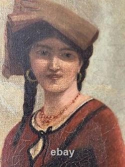 Antique Oil Painting On Canvas Portrait De Paysanne 19 Eme Century Realism