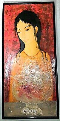 Antique Oil Painting On Cardboard By Mara Tranlong Young Woman With Redfish