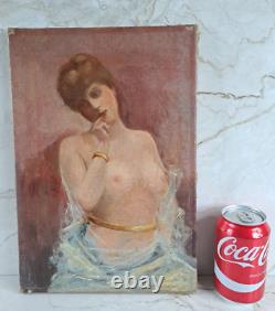 Antique Oil Painting of Nude Woman on Canvas from 1900