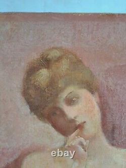 Antique Oil Painting of Nude Woman on Canvas from 1900