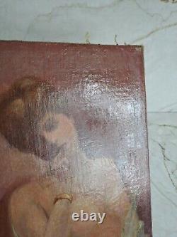 Antique Oil Painting of Nude Woman on Canvas from 1900