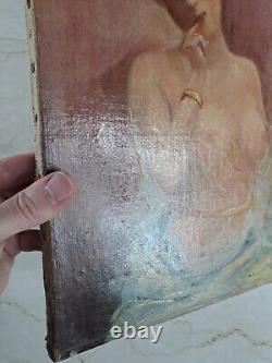 Antique Oil Painting of Nude Woman on Canvas from 1900