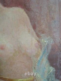 Antique Oil Painting of Nude Woman on Canvas from 1900