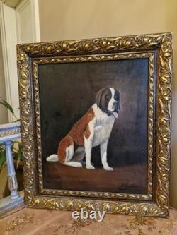 Antique Oil Painting on Canvas, Framed Saint Bernard Dog