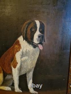 Antique Oil Painting on Canvas, Framed Saint Bernard Dog