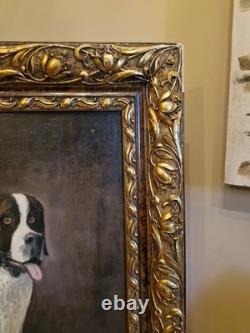 Antique Oil Painting on Canvas, Framed Saint Bernard Dog