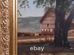 Antique Oil Painting on Paper from the Barbizon School of the 19th Century in Gilded Wood Frame