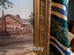 Antique Oil Painting on Paper from the Barbizon School of the 19th Century in Gilded Wood Frame