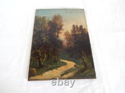 Antique Oil Painting on Wooden Panel, Forest Landscape, Barbizon School