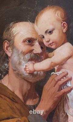 Antique Old Table Painting Icon Religious Oil Jesus Portrait 19th Century