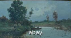 Antique Painting19th Animated Landscape Character On A Landscape Boat Normandy