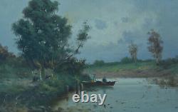 Antique Painting19th Animated Landscape Character On A Landscape Boat Normandy