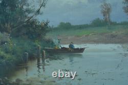 Antique Painting19th Animated Landscape Character On A Landscape Boat Normandy