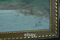 Antique Painting19th Animated Landscape Character On A Landscape Boat Normandy