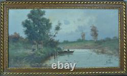 Antique Painting19th Animated Landscape Character On A Landscape Boat Normandy