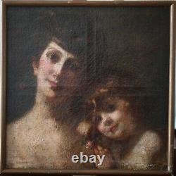 Antique Painting, 19th Century, Mother And Child With Rose, Anonymous, Oil On Canvas