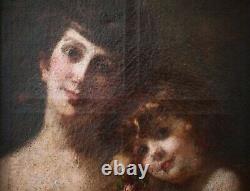 Antique Painting, 19th Century, Mother And Child With Rose, Anonymous, Oil On Canvas