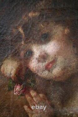Antique Painting, 19th Century, Mother And Child With Rose, Anonymous, Oil On Canvas