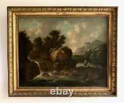 Antique Painting, Animated Landscape At The Waterfall, Painting 19th Or Before, Large Format
