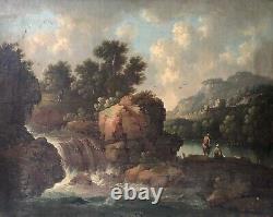 Antique Painting, Animated Landscape At The Waterfall, Painting 19th Or Before, Large Format