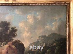 Antique Painting, Animated Landscape At The Waterfall, Painting 19th Or Before, Large Format