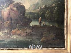 Antique Painting, Animated Landscape At The Waterfall, Painting 19th Or Before, Large Format