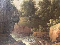 Antique Painting, Animated Landscape At The Waterfall, Painting 19th Or Before, Large Format