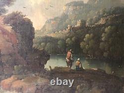 Antique Painting, Animated Landscape At The Waterfall, Painting 19th Or Before, Large Format