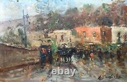 Antique Painting, Animated Street, Oil On Isorel, Signature To Be Identified, 20th