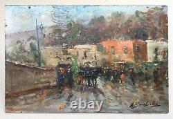 Antique Painting, Animated Street, Oil On Isorel, Signature To Be Identified, 20th