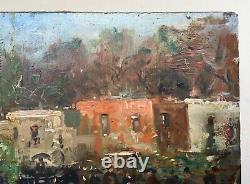 Antique Painting, Animated Street, Oil On Isorel, Signature To Be Identified, 20th