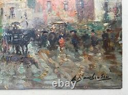 Antique Painting, Animated Street, Oil On Isorel, Signature To Be Identified, 20th